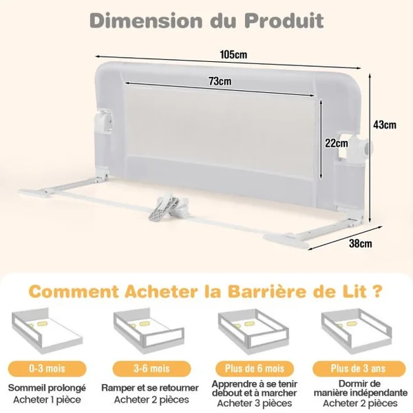 Barrière de Lit Pliable avec Housse en Tissu Oxford Détachable pour Lit de Bébé Lit Simple Double Queen et King Size Gris/Blanc/Gris Foncé
