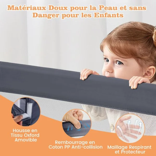 Barrière de Lit pour Tout-petit avec Sangles Réglables Manchon en Tissu Amovible et Lavable pour Matelas Double Pleine Grandeur Blanc/Gris
