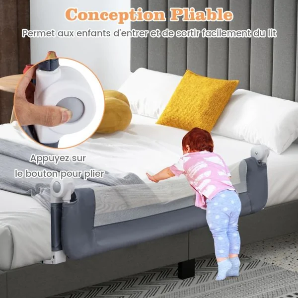 Barrière de Lit pour Tout-petit avec Sangles Réglables Manchon en Tissu Amovible et Lavable pour Matelas Double Pleine Grandeur Blanc/Gris