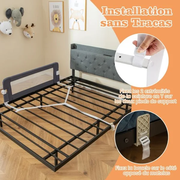 Barrière de Lit pour Tout-petit avec Sangles Réglables Manchon en Tissu Amovible et Lavable pour Matelas Double Pleine Grandeur Blanc/Gris