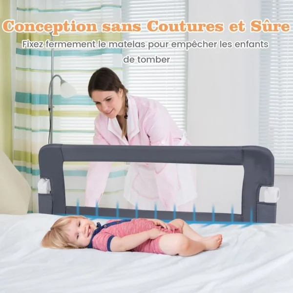Barrière de Lit pour Tout-petit avec Sangles Réglables Manchon en Tissu Amovible et Lavable pour Matelas Double Pleine Grandeur Blanc/Gris