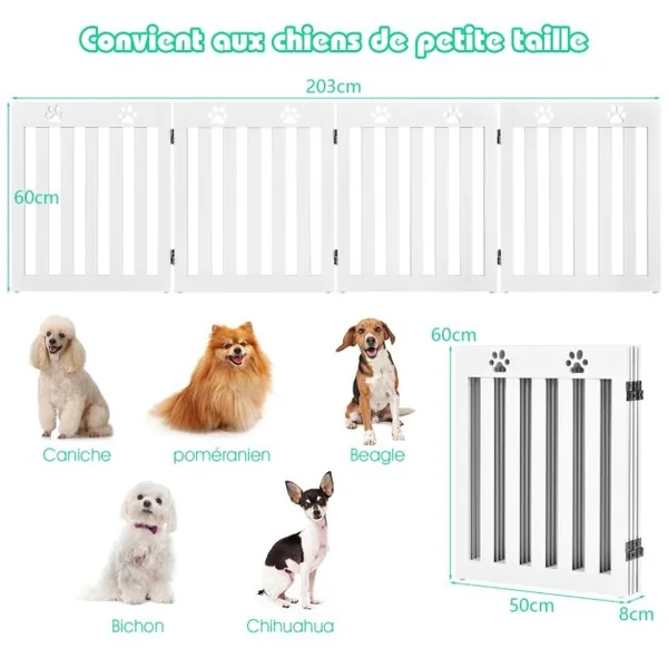Barrière de Sécurité en Bois pour Chiens avec Charnières Flexibles à 360° et 4 Panneux 60CM Blanc/Marron