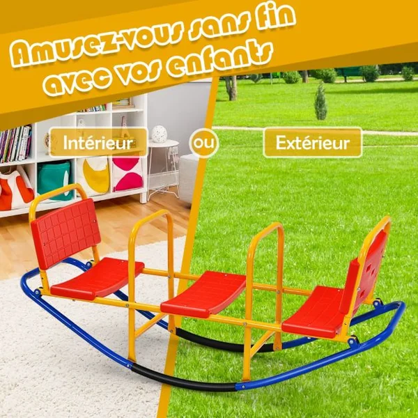Bascule pour 3 Enfants Balançoire à bascule en Métal Tape-Cul avec Poignées 3 - 8 Ans Jouet pour Intérieur Extérieur Rouge/Bleu