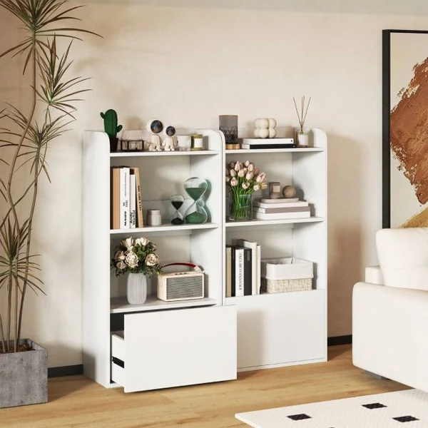 Bibliothèque Autoportante avec Tiroir&Etagère Ouverte à 3 Niveaux Etagère d'Affichage avec Kits Anti-basculement Blanc/Marron Rustique