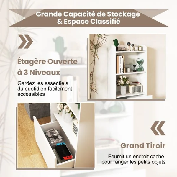 Bibliothèque Autoportante avec Tiroir&Etagère Ouverte à 3 Niveaux Etagère d'Affichage avec Kits Anti-basculement Blanc/Marron Rustique