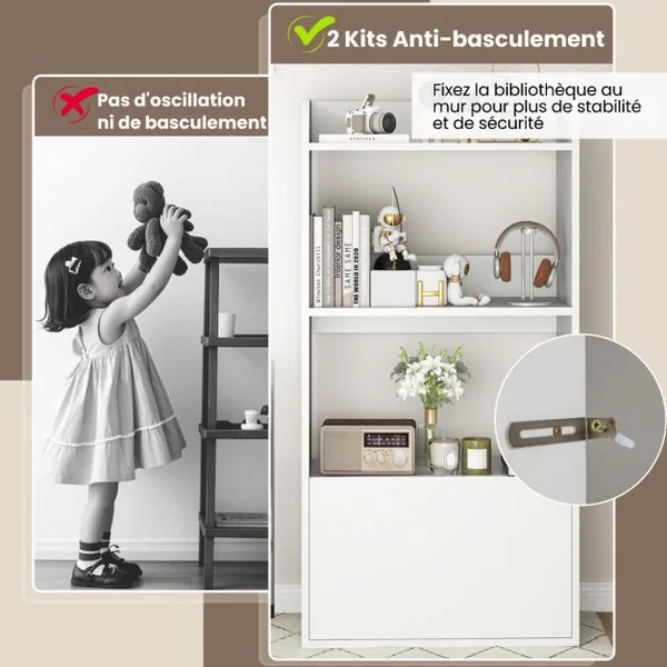 Bibliothèque Autoportante avec Tiroir&Etagère Ouverte à 3 Niveaux Etagère d'Affichage avec Kits Anti-basculement Blanc/Marron Rustique