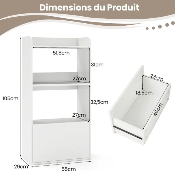 Bibliothèque Autoportante avec Tiroir&Etagère Ouverte à 3 Niveaux Etagère d'Affichage avec Kits Anti-basculement Blanc/Marron Rustique