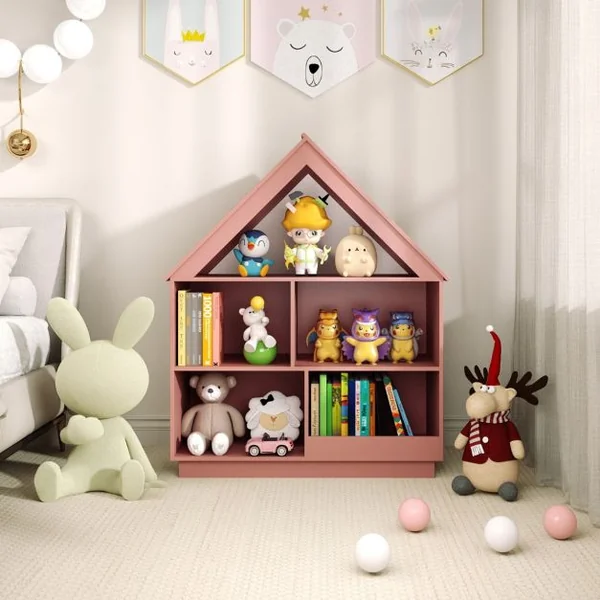 Bibliothèque en Forme de Maison pour Enfants Meuble de Rangement de Jouet en Bois à 5 Compartiments Kit Anti-basculement Rose