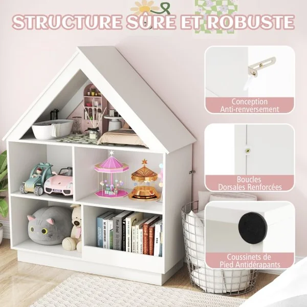 Bibliothèque en Forme de Maison pour Enfants Meuble de Rangement de Jouet en Bois à 5 Compartiments Kit Anti-basculement Rose
