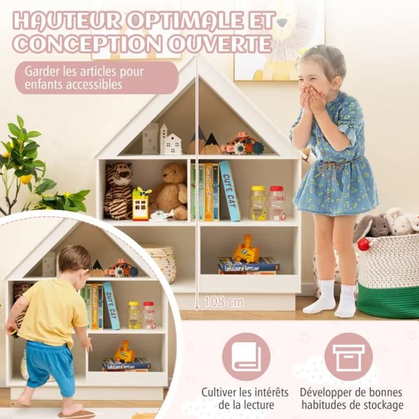 Bibliothèque en Forme de Maison pour Enfants Meuble de Rangement de Jouet en Bois à 5 Compartiments Kit Anti-basculement Rose