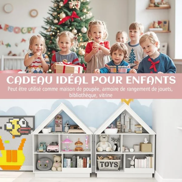 Bibliothèque en Forme de Maison pour Enfants Meuble de Rangement de Jouet en Bois à 5 Compartiments Kit Anti-basculement Rose