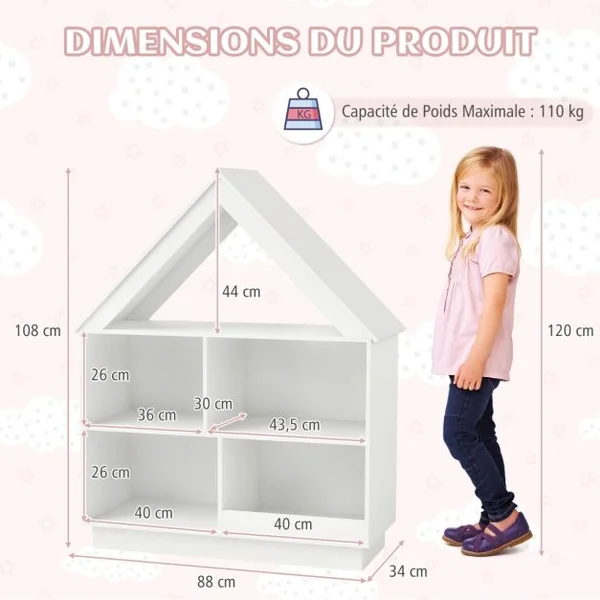 Bibliothèque en Forme de Maison pour Enfants Meuble de Rangement de Jouet en Bois à 5 Compartiments Kit Anti-basculement Rose
