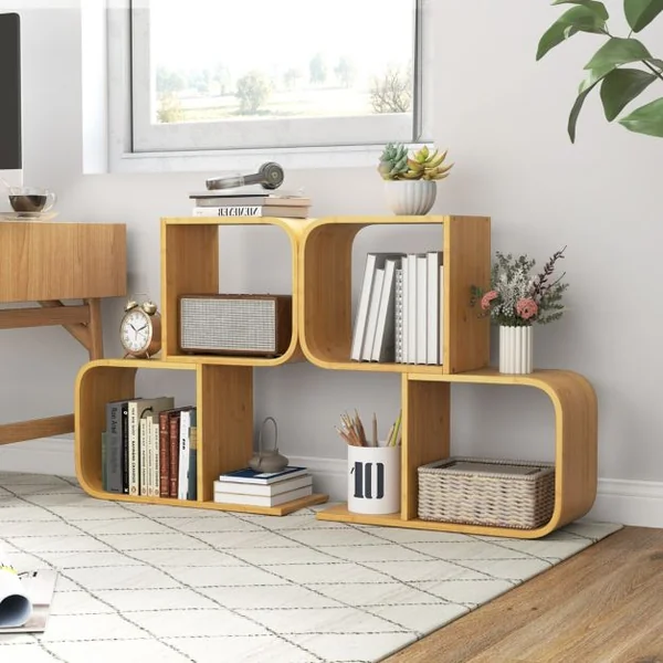 Bibliothèque en Forme de ‘S’ à 2 Niveaux Etagère en Bambou avec 2 Cubes Ouverts Etagère d'Angle Géométrique Naturel