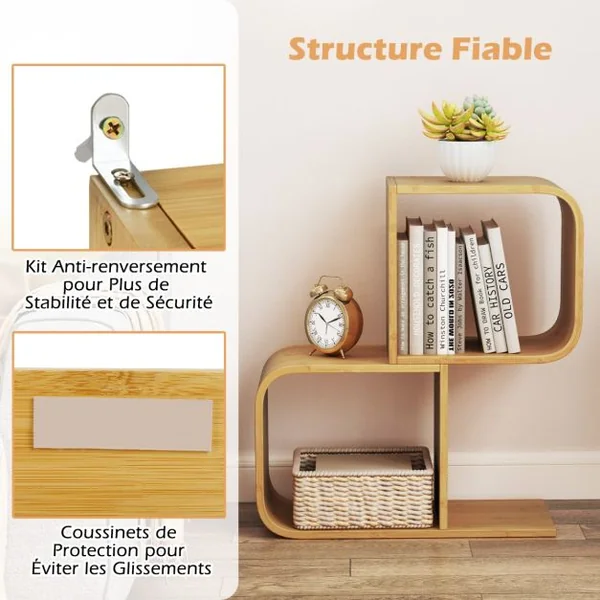Bibliothèque en Forme de ‘S’ à 2 Niveaux Etagère en Bambou avec 2 Cubes Ouverts Etagère d'Angle Géométrique Naturel
