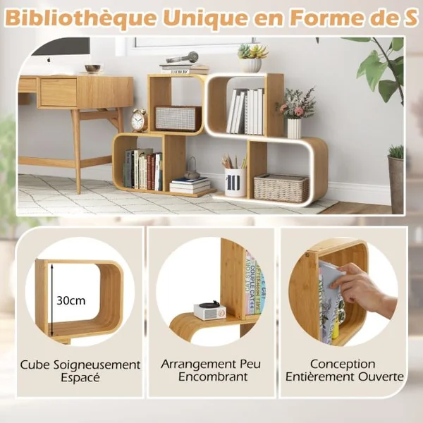 Bibliothèque en Forme de ‘S’ à 2 Niveaux Etagère en Bambou avec 2 Cubes Ouverts Etagère d'Angle Géométrique Naturel