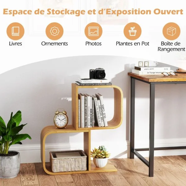 Bibliothèque en Forme de ‘S’ à 2 Niveaux Etagère en Bambou avec 2 Cubes Ouverts Etagère d'Angle Géométrique Naturel