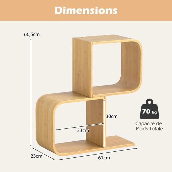 Bibliothèque en Forme de ‘S’ à 2 Niveaux Etagère en Bambou avec 2 Cubes Ouverts Etagère d'Angle Géométrique Naturel