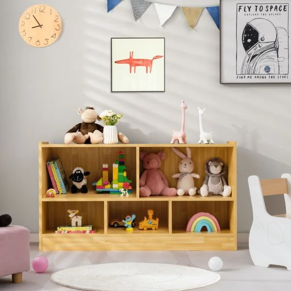 Bibliothèque pour Enfants 111x30x61,5 CM avec 5 Compartiments et Patins Antidérapants pour Jouets Livres Poupées 4 Couleurs au Choix