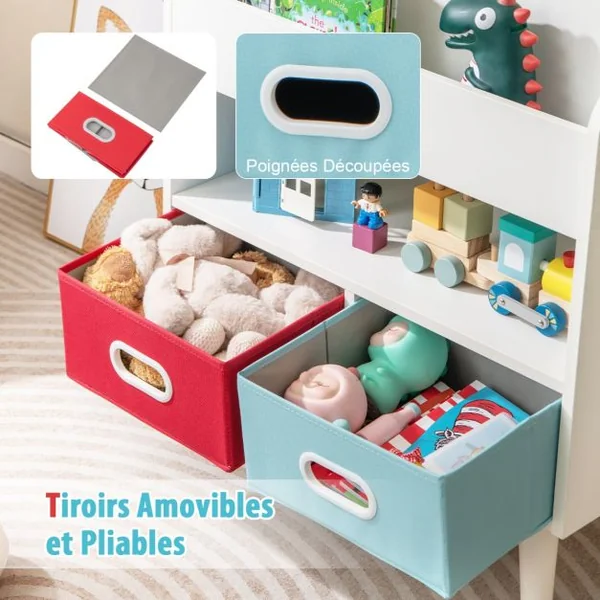 Bibliothèque pour Enfants Etagère en Bois à 3 Niveaux Compartiment Ouvert 2 Tiroirs Pliables en Tissu Kits Anti-basculement Gris/Blanc