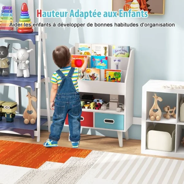 Bibliothèque pour Enfants Etagère en Bois à 3 Niveaux Compartiment Ouvert 2 Tiroirs Pliables en Tissu Kits Anti-basculement Gris/Blanc