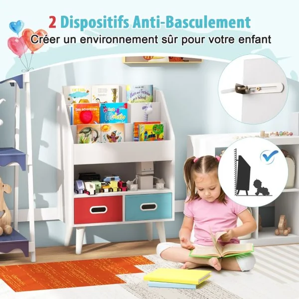 Bibliothèque pour Enfants Etagère en Bois à 3 Niveaux Compartiment Ouvert 2 Tiroirs Pliables en Tissu Kits Anti-basculement Gris/Blanc