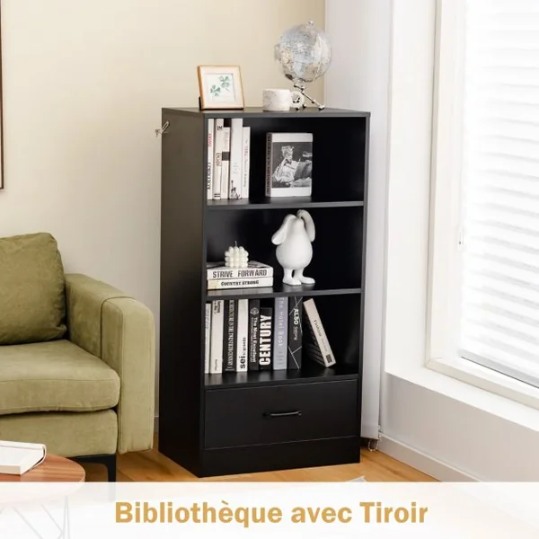 Bibliothèque à 4 Niveaux 60 x 38 x 120 CM Tiroir Dispositif Anti-basculement Meuble/Étagère de Rangement Noir/Blanc/Gris