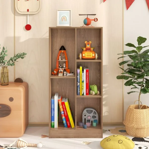 Bibliothèque à 5 Cases Meuble de Rangement Autoportant avec 2 Kits Anti-basculement Etagère d'Affichage en Bois de 50 cm Blanc/Naturel