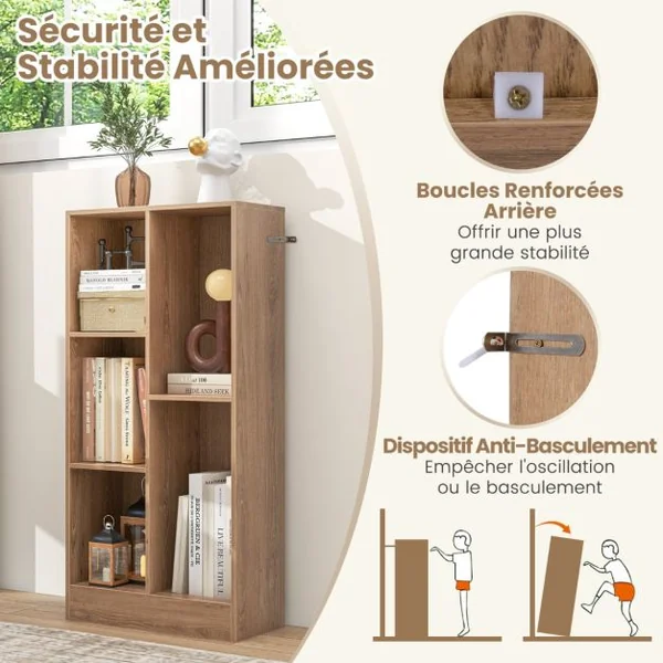 Bibliothèque à 5 Cases Meuble de Rangement Autoportant avec 2 Kits Anti-basculement Etagère d'Affichage en Bois de 50 cm Blanc/Naturel
