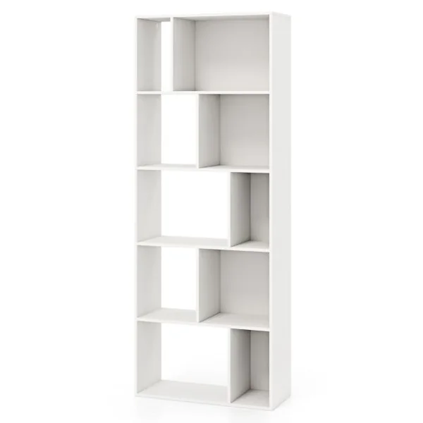 Bibliothèque à 5 Niveaux Etagère de Rangement en Bois avec 10 Compartiments Séparateur de Pièce au Sol Blanc