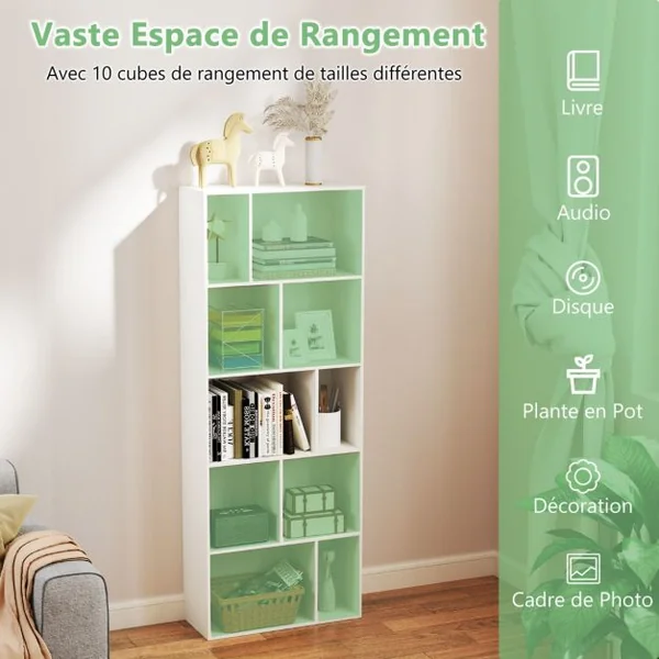 Bibliothèque à 5 Niveaux Etagère de Rangement en Bois avec 10 Compartiments Séparateur de Pièce au Sol Blanc