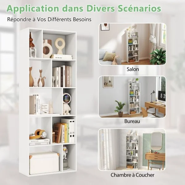 Bibliothèque à 5 Niveaux Etagère de Rangement en Bois avec 10 Compartiments Séparateur de Pièce au Sol Blanc
