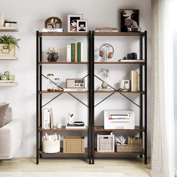 Bibliothèque à 5 Niveaux Hauteur 161 CM Étagère Autoportante avec Cadre en Métal et Doubles Kits Anti-Basculement Brun Rustique & Noir