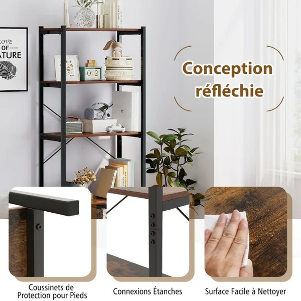 Bibliothèque à 5 Niveaux Hauteur 161 CM Étagère Autoportante avec Cadre en Métal et Doubles Kits Anti-Basculement Brun Rustique & Noir