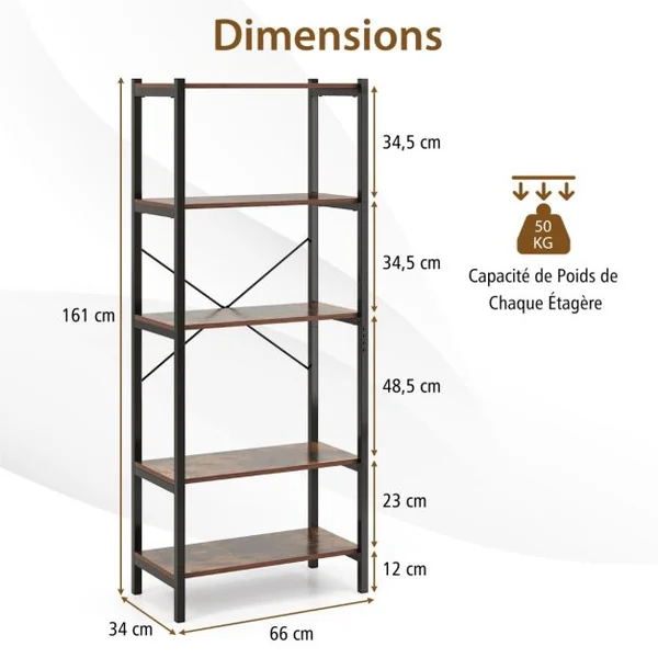 Bibliothèque à 5 Niveaux Hauteur 161 CM Étagère Autoportante avec Cadre en Métal et Doubles Kits Anti-Basculement Brun Rustique & Noir