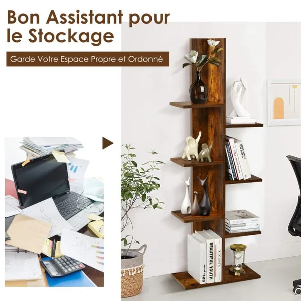 Bibliothèque à 8 Etagères Bibliothèque en Forme d’Arbre Autoportante Présentoir Multifonctionnel pour Livres et Plantes Blanc/Marron Rustique