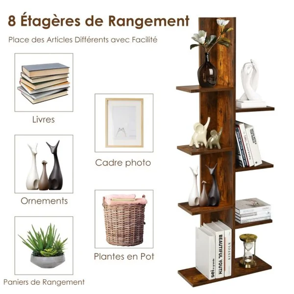 Bibliothèque à 8 Etagères Bibliothèque en Forme d’Arbre Autoportante Présentoir Multifonctionnel pour Livres et Plantes Blanc/Marron Rustique