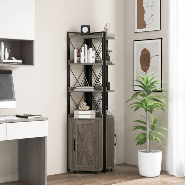 Bibliothèque/Étagère d’Angle avec Armoire et 4 Étagères Meuble d’Angle avec Dispositif Anti-basculement et Pieds Réglables Gris