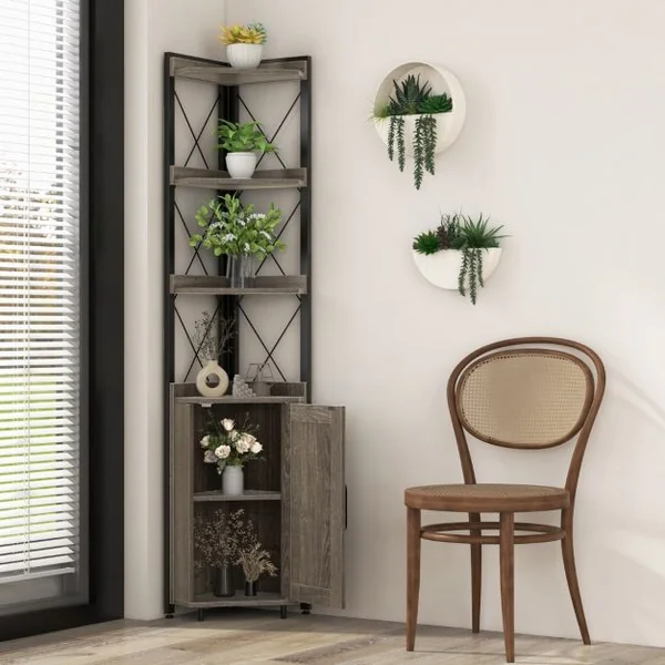 Bibliothèque/Étagère d’Angle avec Armoire et 4 Étagères Meuble d’Angle avec Dispositif Anti-basculement et Pieds Réglables Gris