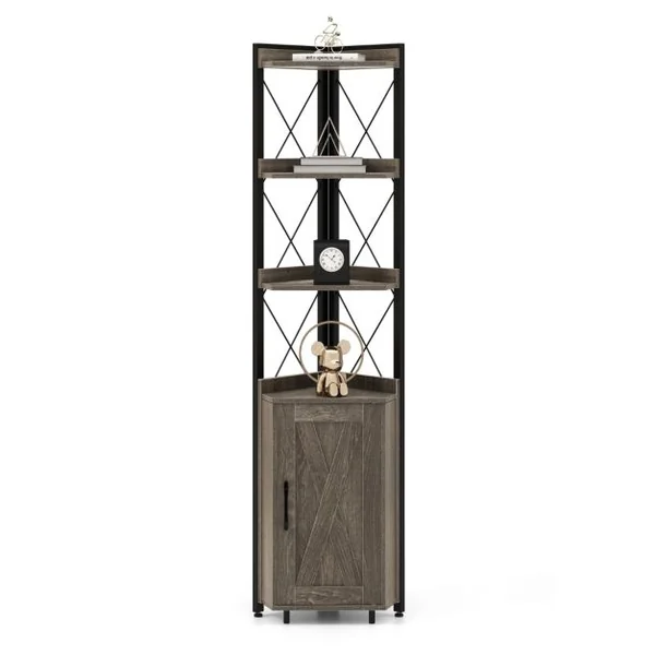 Bibliothèque/Étagère d’Angle avec Armoire et 4 Étagères Meuble d’Angle avec Dispositif Anti-basculement et Pieds Réglables Gris