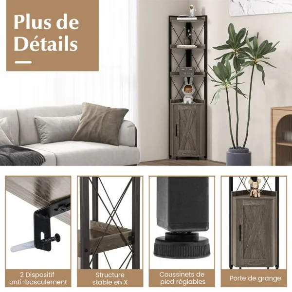 Bibliothèque/Étagère d’Angle avec Armoire et 4 Étagères Meuble d’Angle avec Dispositif Anti-basculement et Pieds Réglables Gris
