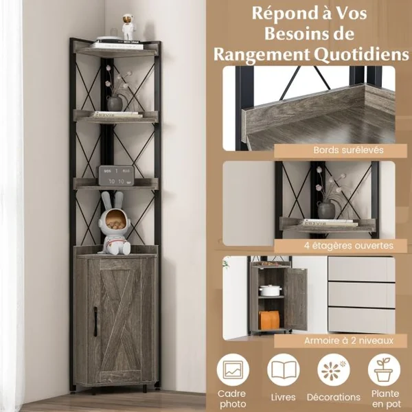 Bibliothèque/Étagère d’Angle avec Armoire et 4 Étagères Meuble d’Angle avec Dispositif Anti-basculement et Pieds Réglables Gris