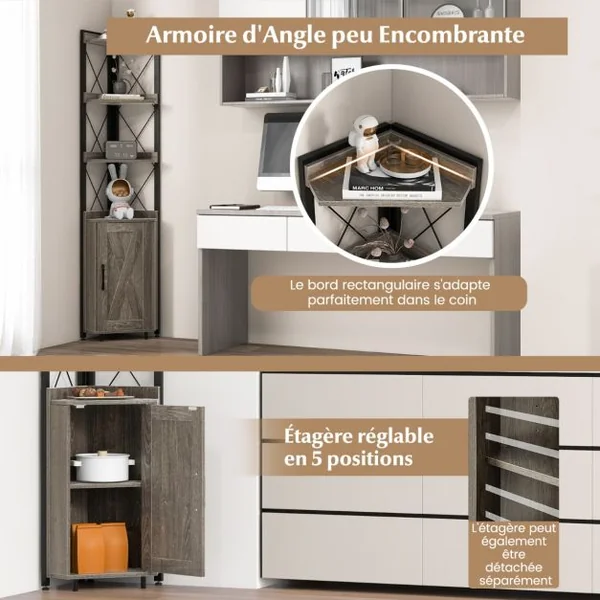 Bibliothèque/Étagère d’Angle avec Armoire et 4 Étagères Meuble d’Angle avec Dispositif Anti-basculement et Pieds Réglables Gris