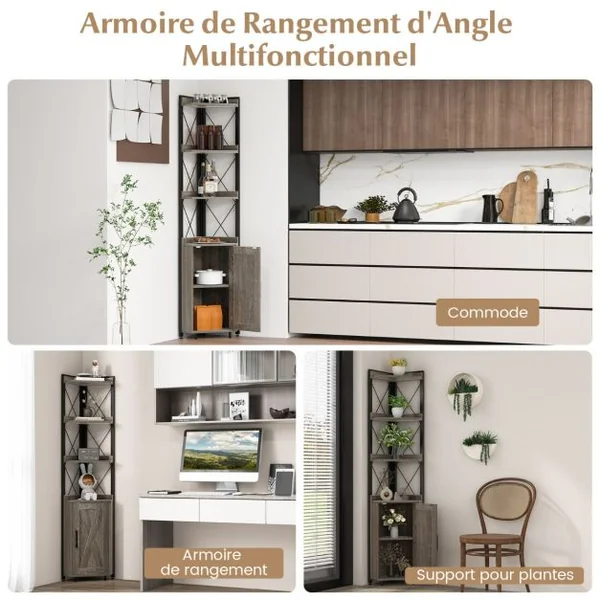 Bibliothèque/Étagère d’Angle avec Armoire et 4 Étagères Meuble d’Angle avec Dispositif Anti-basculement et Pieds Réglables Gris