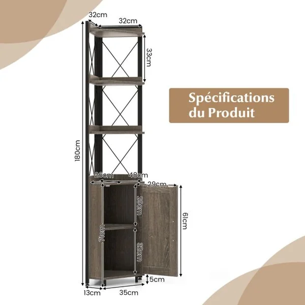Bibliothèque/Étagère d’Angle avec Armoire et 4 Étagères Meuble d’Angle avec Dispositif Anti-basculement et Pieds Réglables Gris