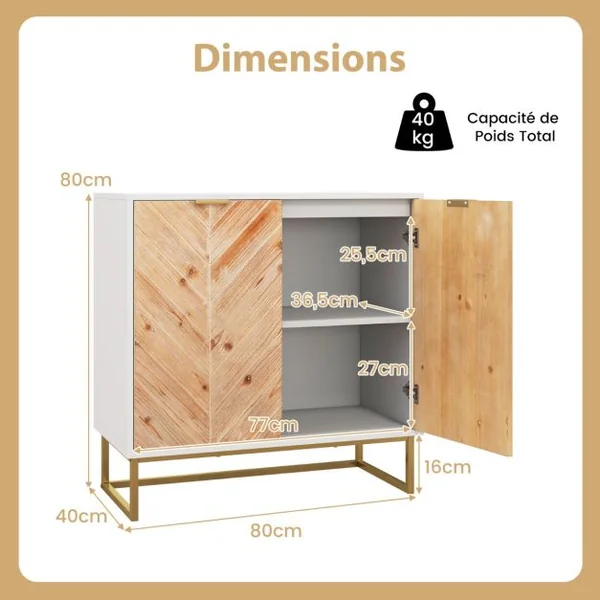 Buffet avec Rangement Buffet avec Portes et Etagère Table Console avec Pieds en Métal Meuble d'Appoint Moderne Blanc