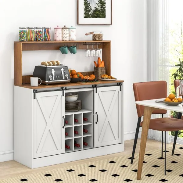 Buffet Bar à Vin Fermier avec Station de Recharge Meuble à Vin de 120cm avec Portes Coulissantes de Grange Porte-bouteilles Amovible Blanc