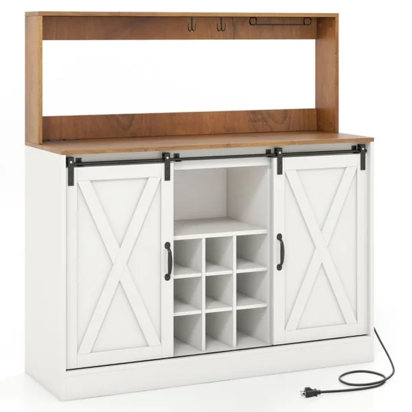 Buffet Bar à Vin Fermier avec Station de Recharge Meuble à Vin de 120cm avec Portes Coulissantes de Grange Porte-bouteilles Amovible Blanc