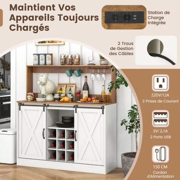 Buffet Bar à Vin Fermier avec Station de Recharge Meuble à Vin de 120cm avec Portes Coulissantes de Grange Porte-bouteilles Amovible Blanc