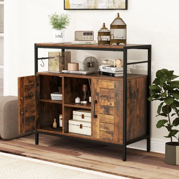 Buffet Cabinet de Bar à Café avec 2 Portes Compartiments Ouverts Étagères Ajustables 3 Crochets Meuble Industriel Marron Rustique