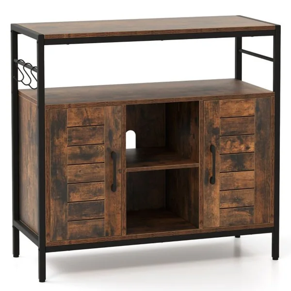 Buffet Cabinet de Bar à Café avec 2 Portes Compartiments Ouverts Étagères Ajustables 3 Crochets Meuble Industriel Marron Rustique